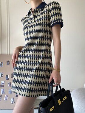 Diamond Pattern Knitted Polo Collar Mini Dress, Size L